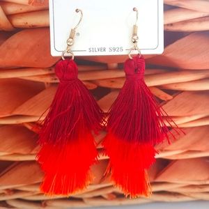 Triple Layer Orange Red Burg Tassel Hook Earrings
